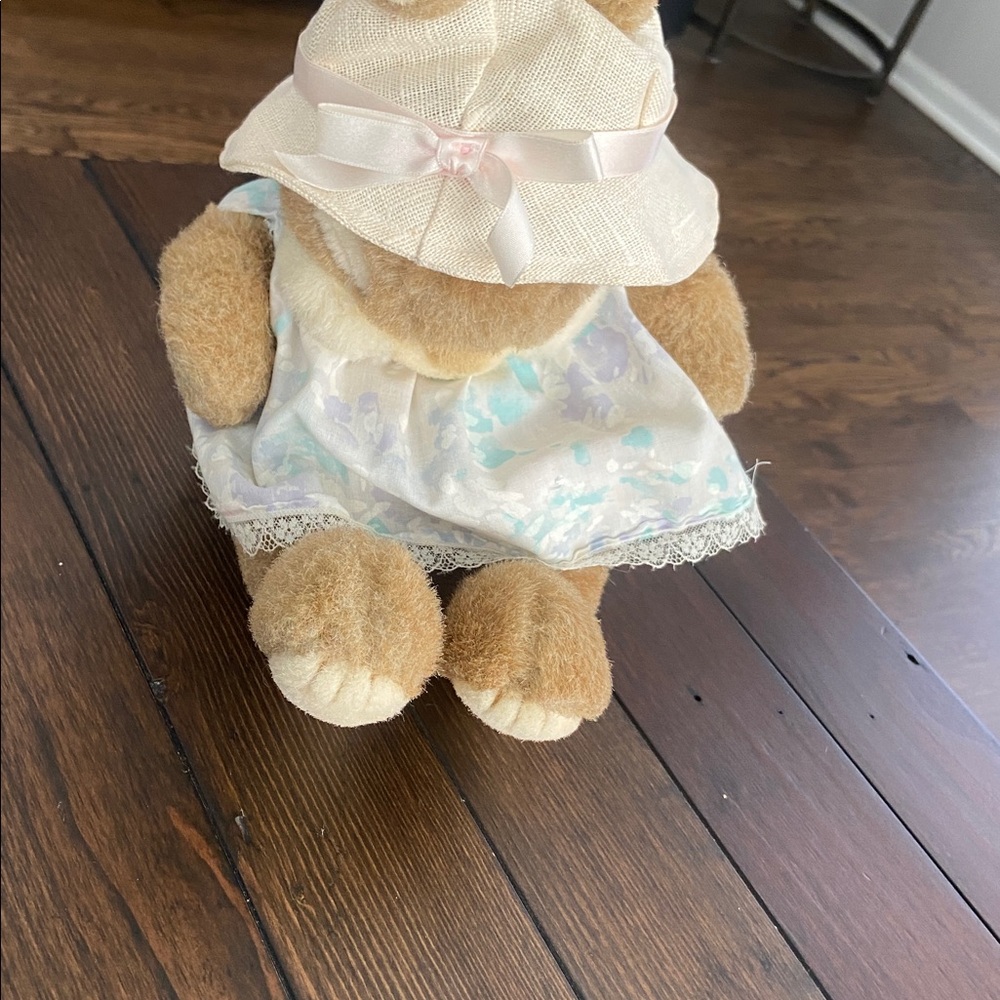 Vintage Adorable Plush Bunny with Floral Dress and Hat